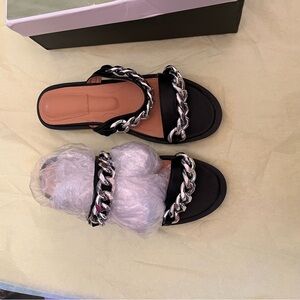 Black and Silver Slide Sandals with Chain Detail